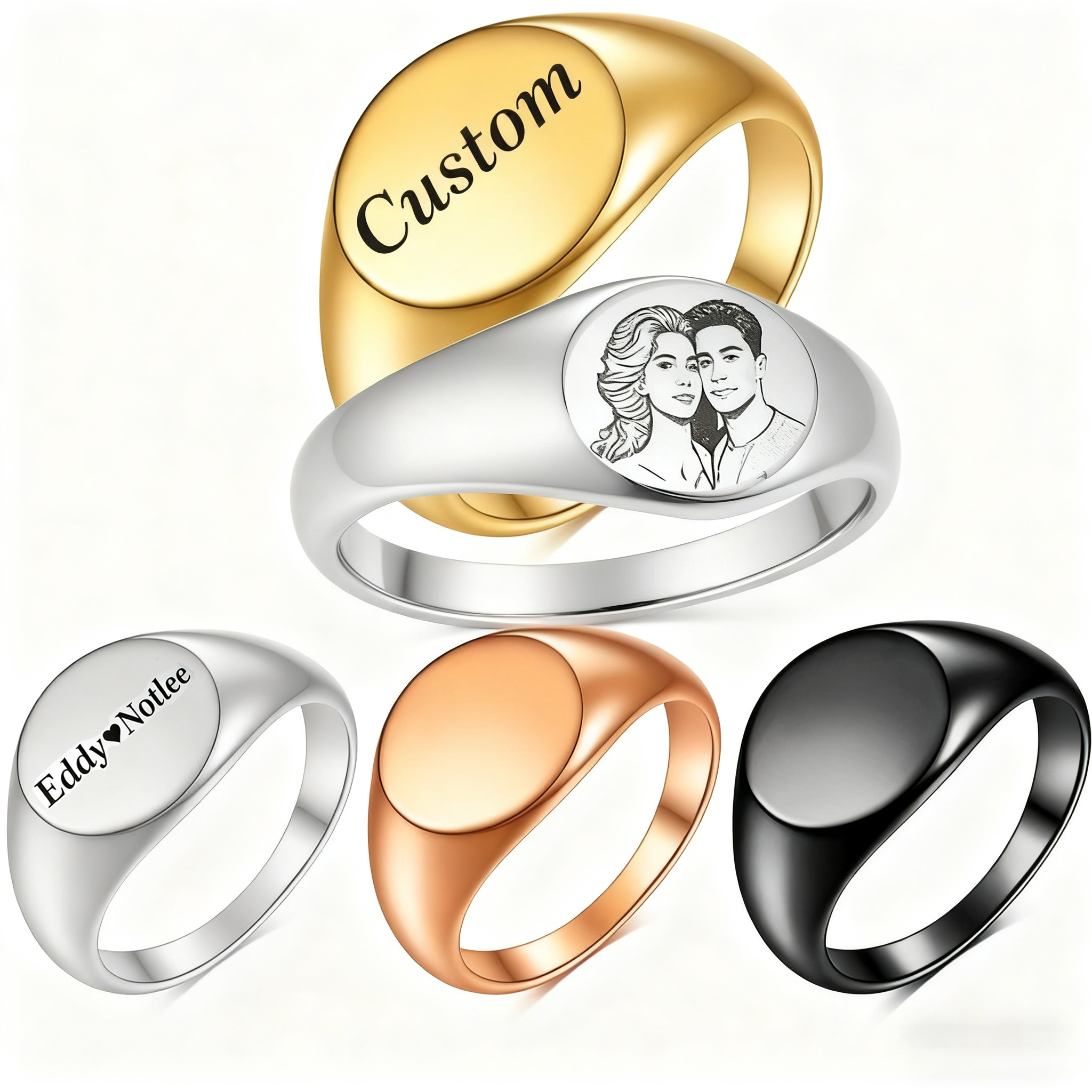 Initial Ring Custom - Custom Engraved Picture Logo Name Heart