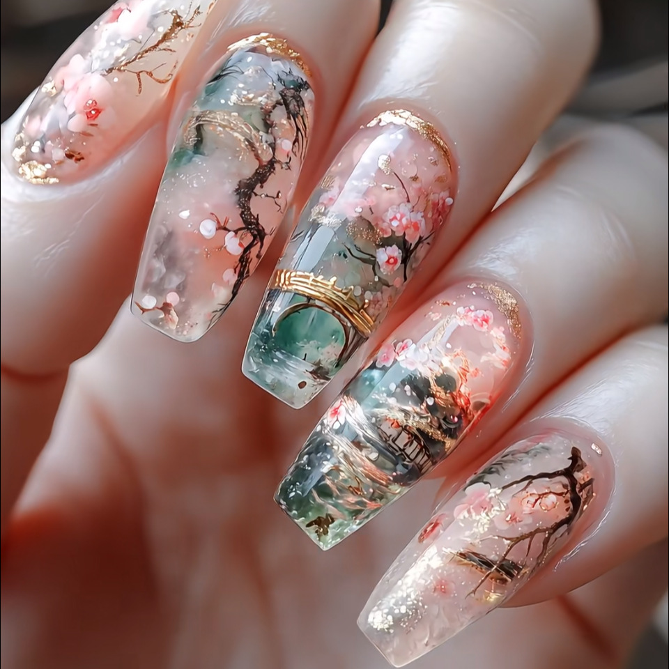 Pressed Flower Art - 24pcs Wearable Fake Nails Sets Flower
