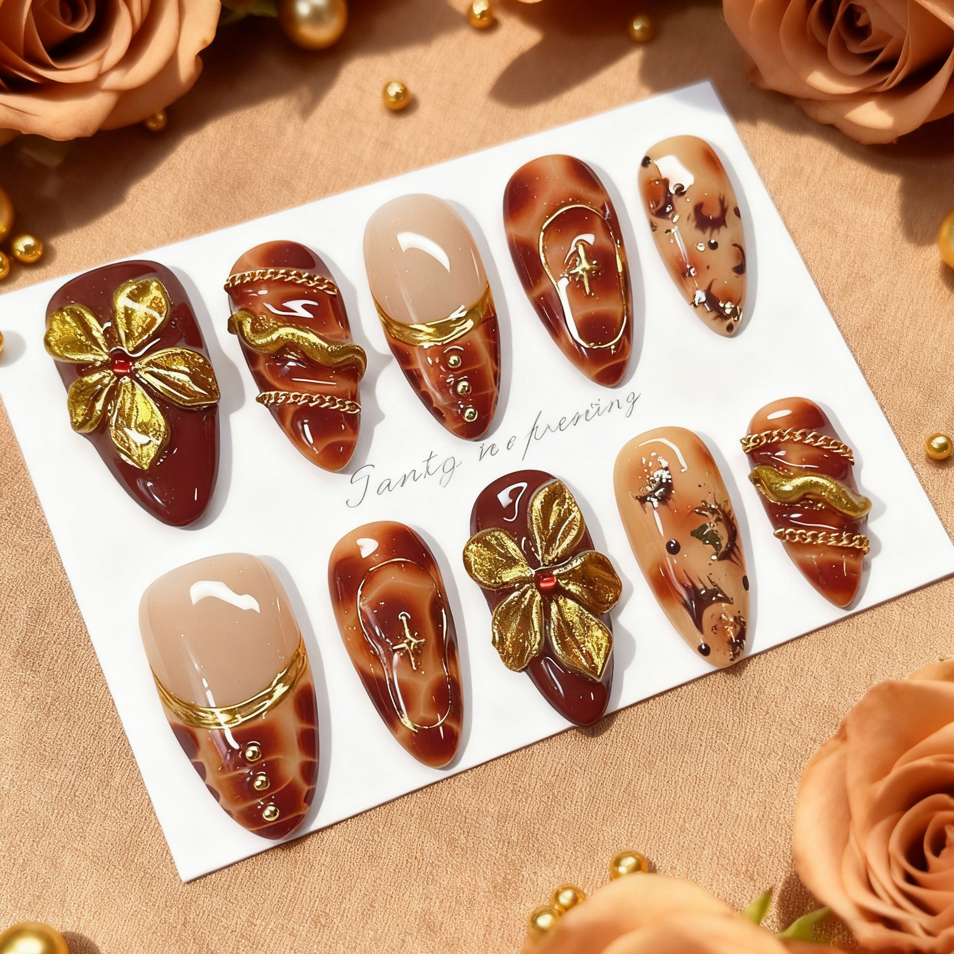 24pcs Flower False Nails Brown - Pressed Flower Art avis et prix