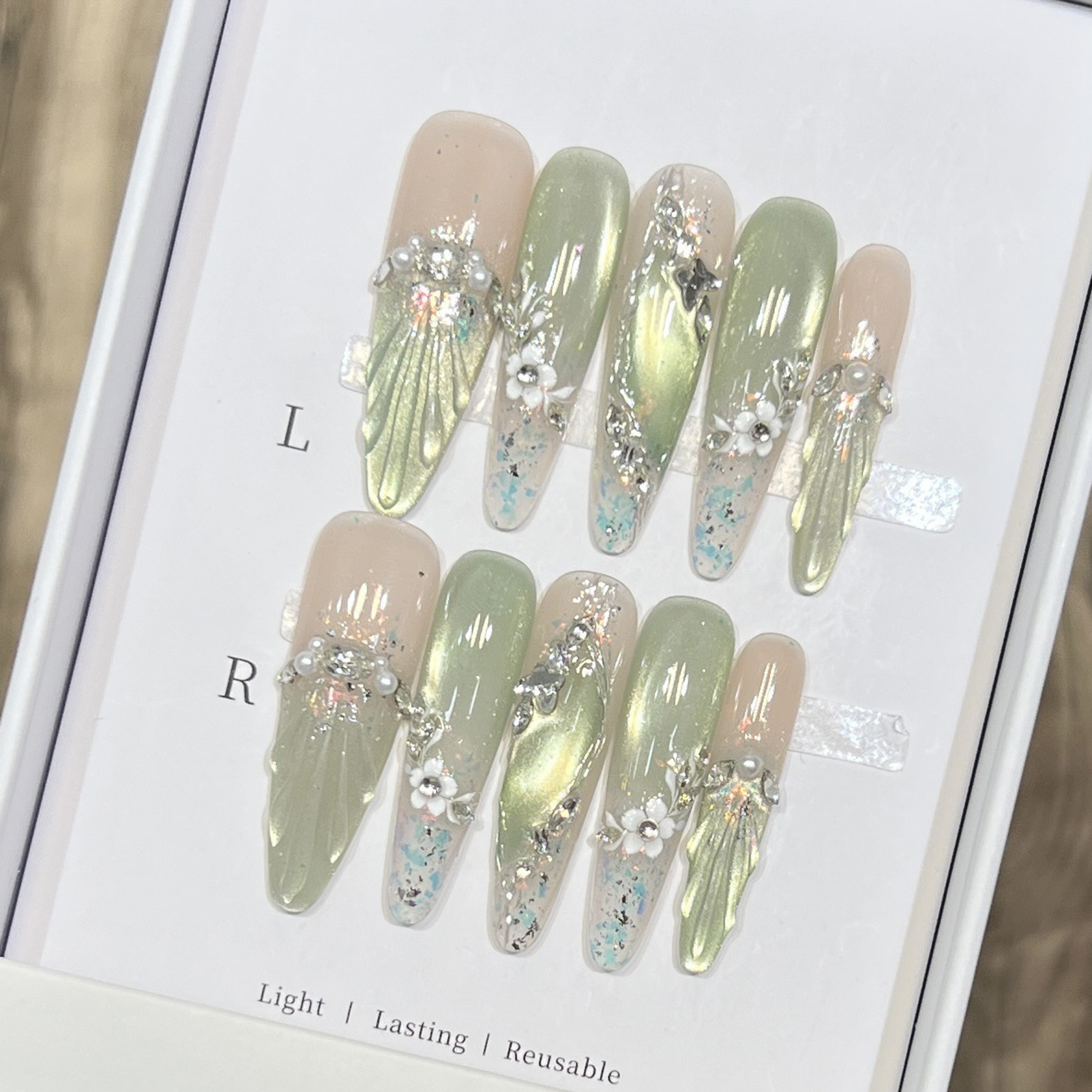 10pcs Long Almond Fake Nails T - Pressed Flower Art avis et prix