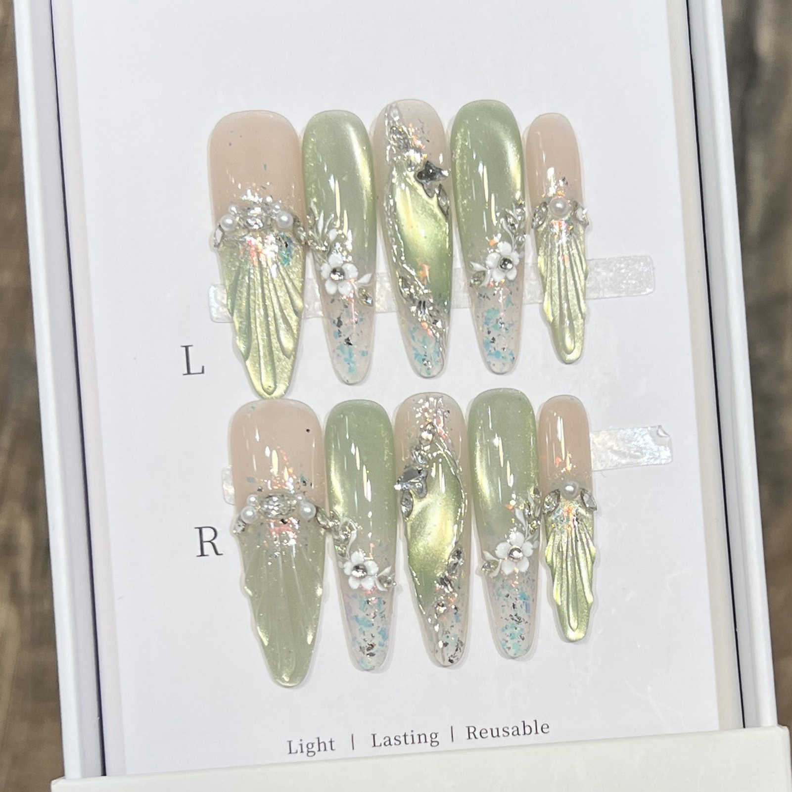 10pcs Long Almond Fake Nails T - Pressed Flower Art avis et prix