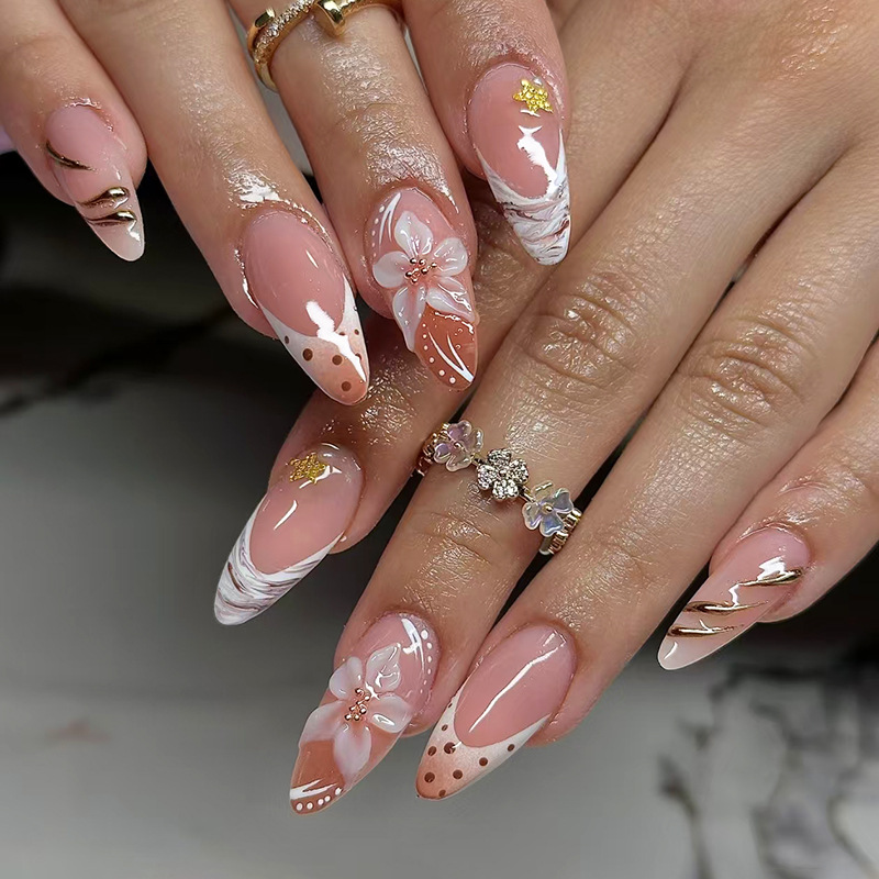 Almond Press On Nails Nude Pol - Pressed Flower Art avis et prix