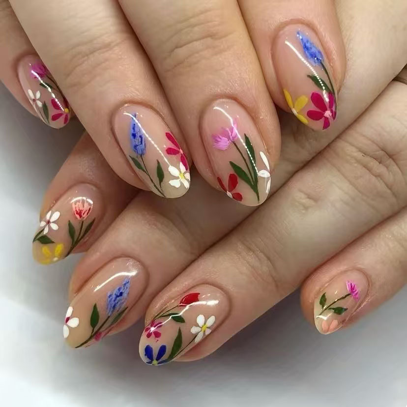 24Pcs Simple Almond Nails Tips - Pressed Flower Art avis et prix