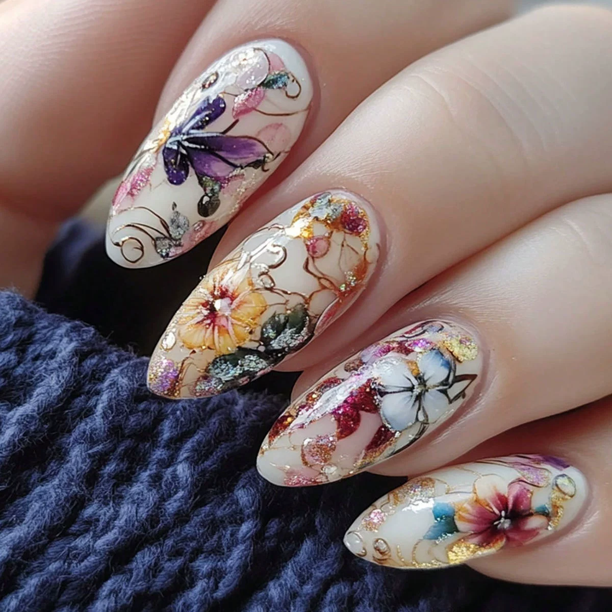 24Pcs Simple Almond Nails Tips - Pressed Flower Art avis et prix