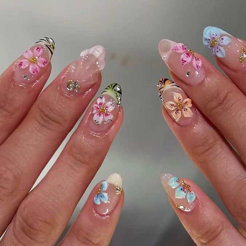 24pcs Almond Press On Nails ti - Pressed Flower Art avis et prix