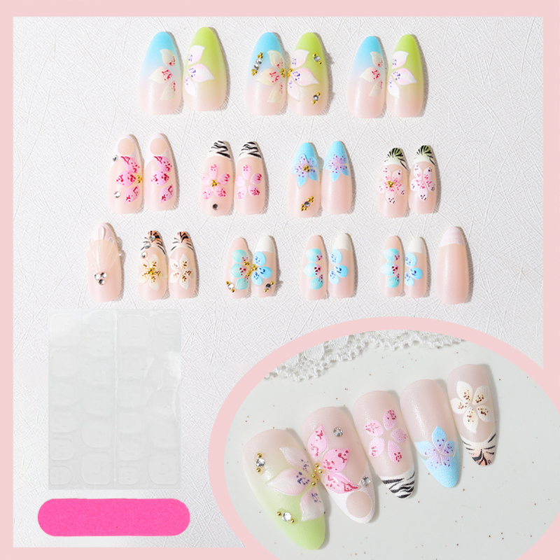 24pcs Almond Press On Nails ti - Pressed Flower Art avis et prix