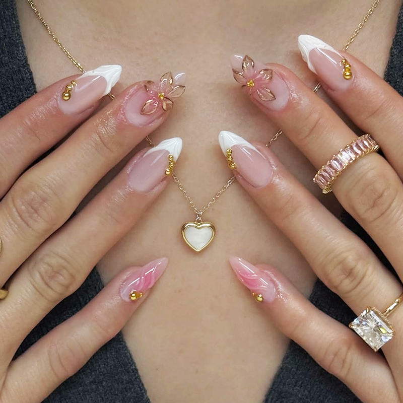 24pcs Almond Press On Nails ti - Pressed Flower Art avis et prix