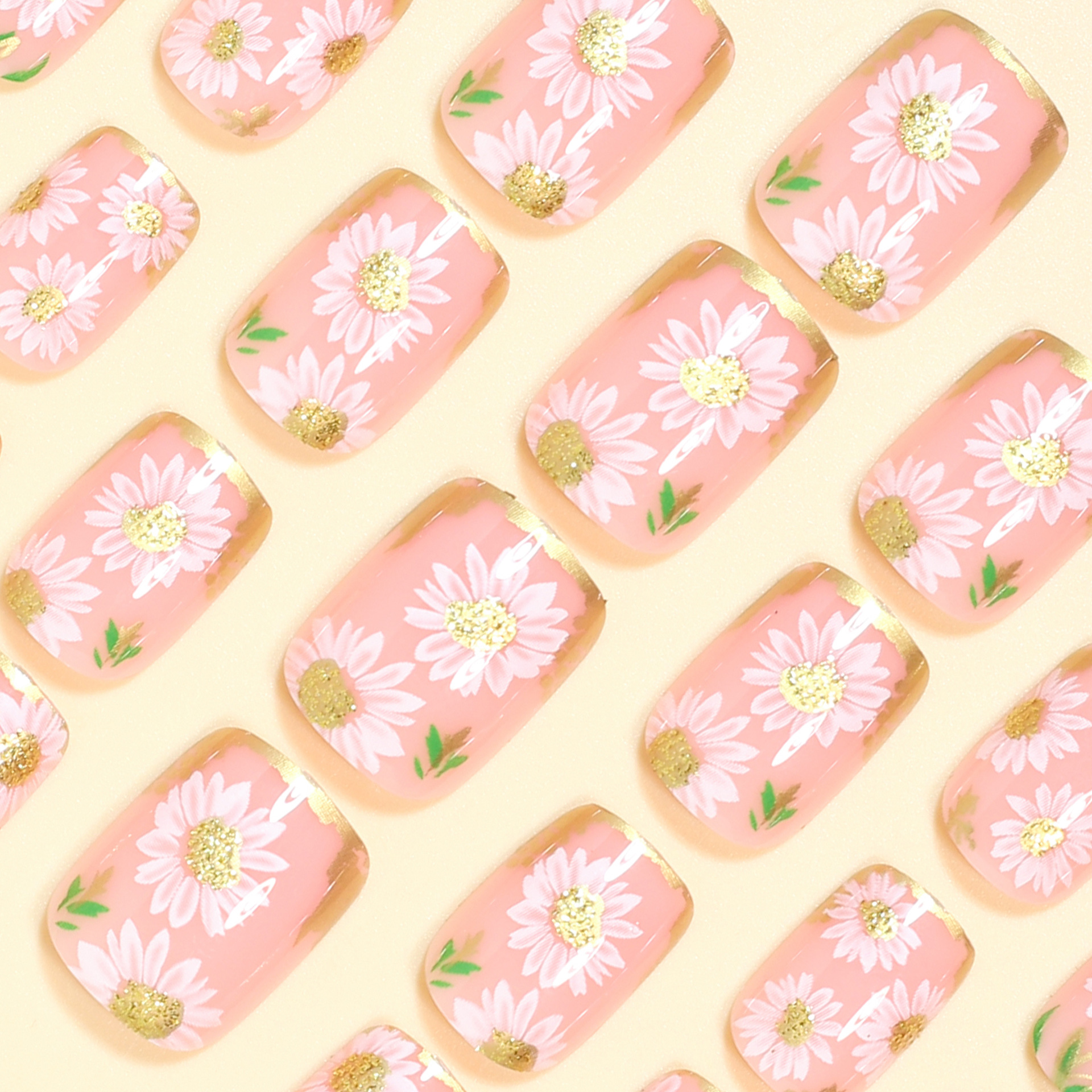 Short Square fake nails golden - Pressed Flower Art avis et prix