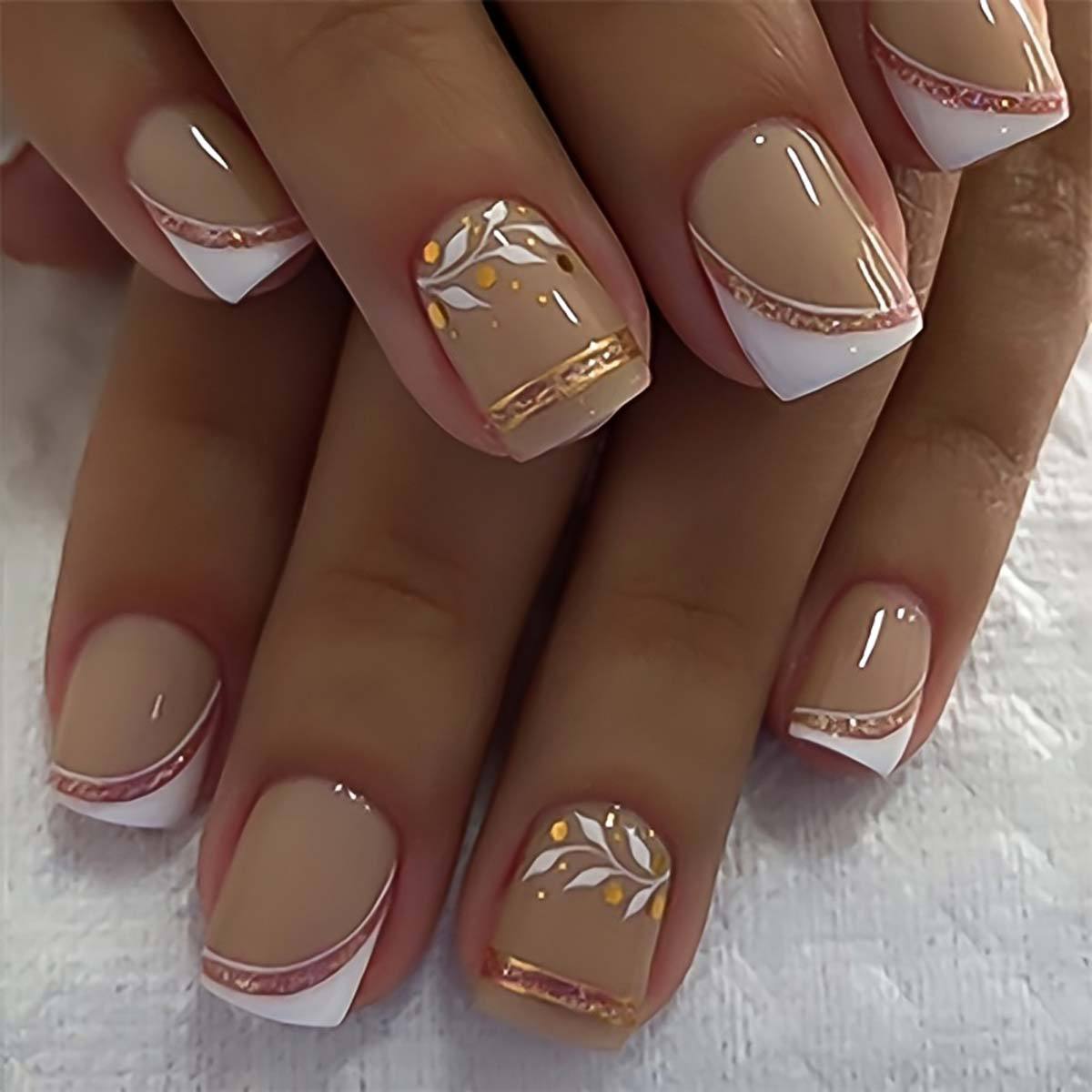 Short Square fake nails golden - Pressed Flower Art avis et prix
