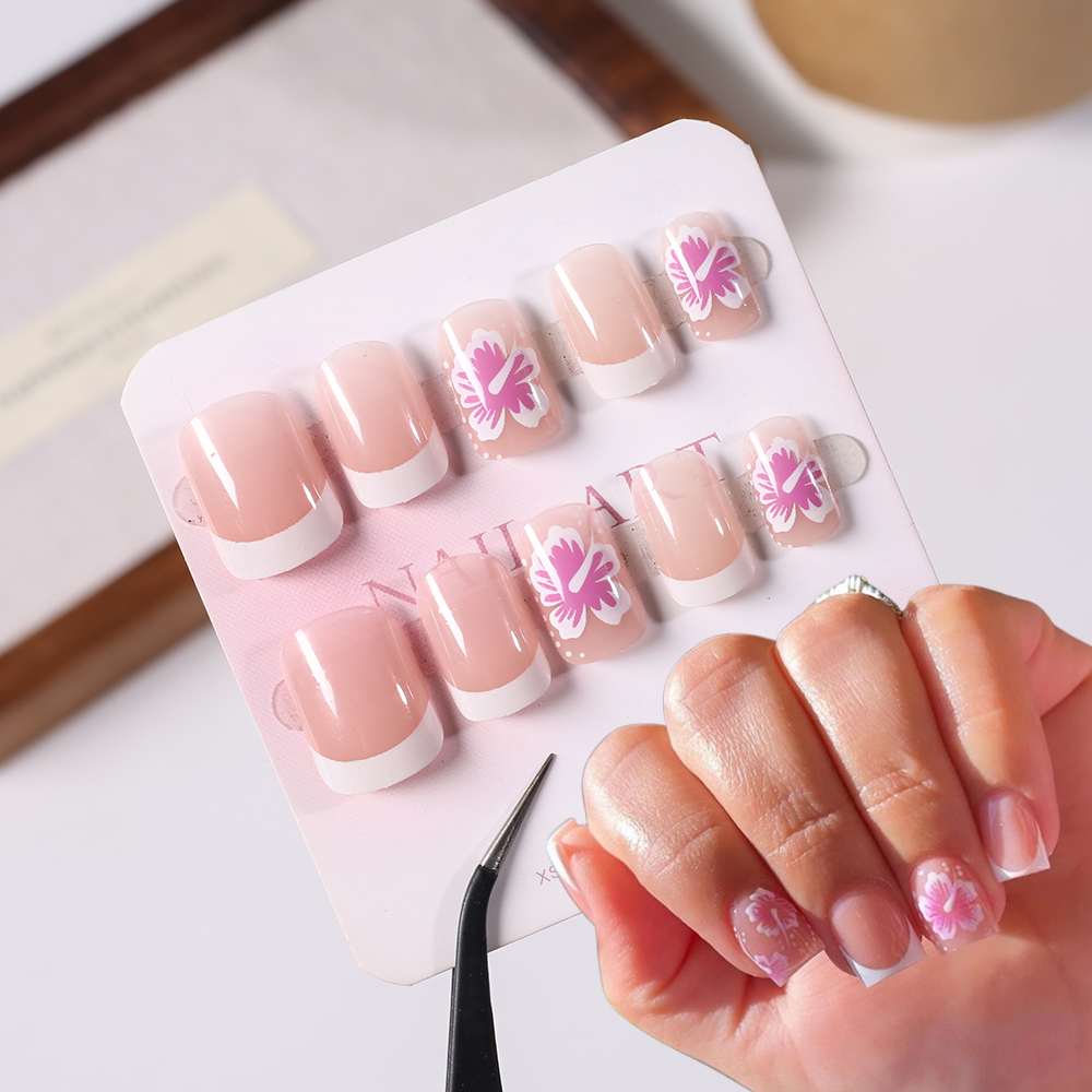 24Pcs French Flower False Nail - Pressed Flower Art avis et prix